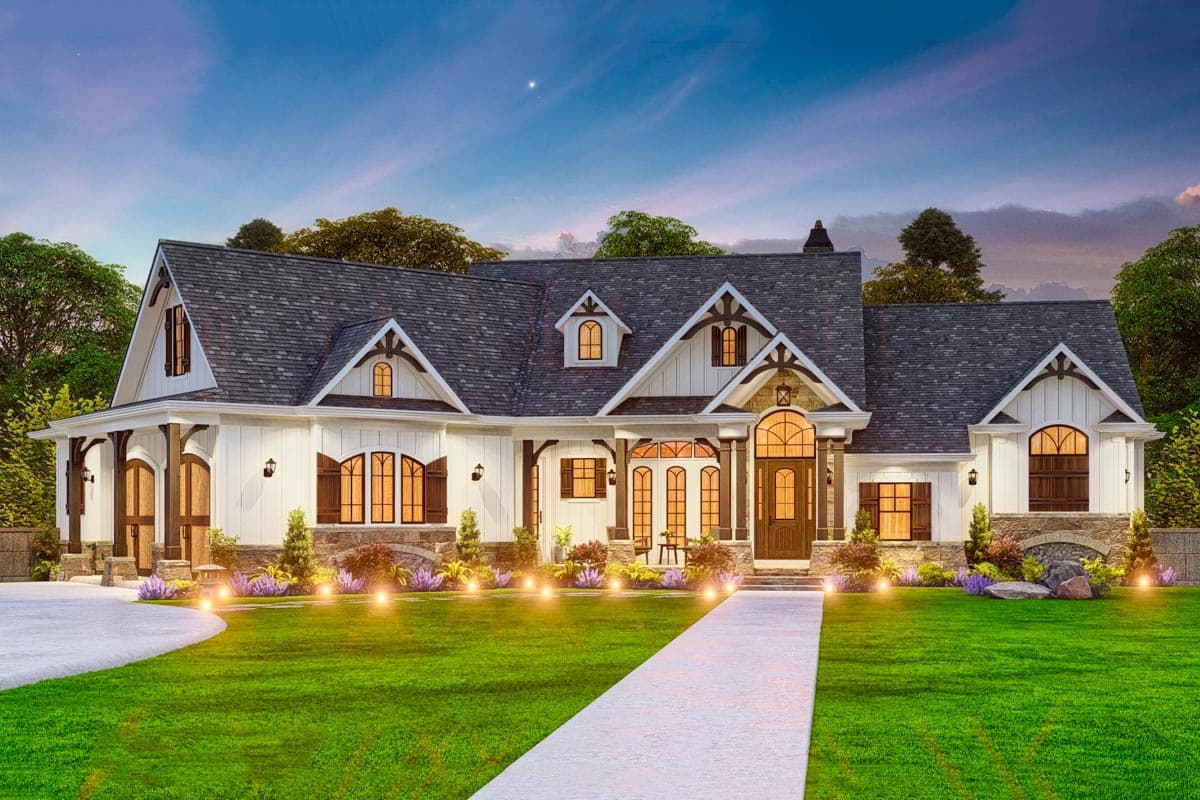 House plan exterior, Modern Farmhouse style, two stories, prominent gables, arched entry, and wide covered porch.