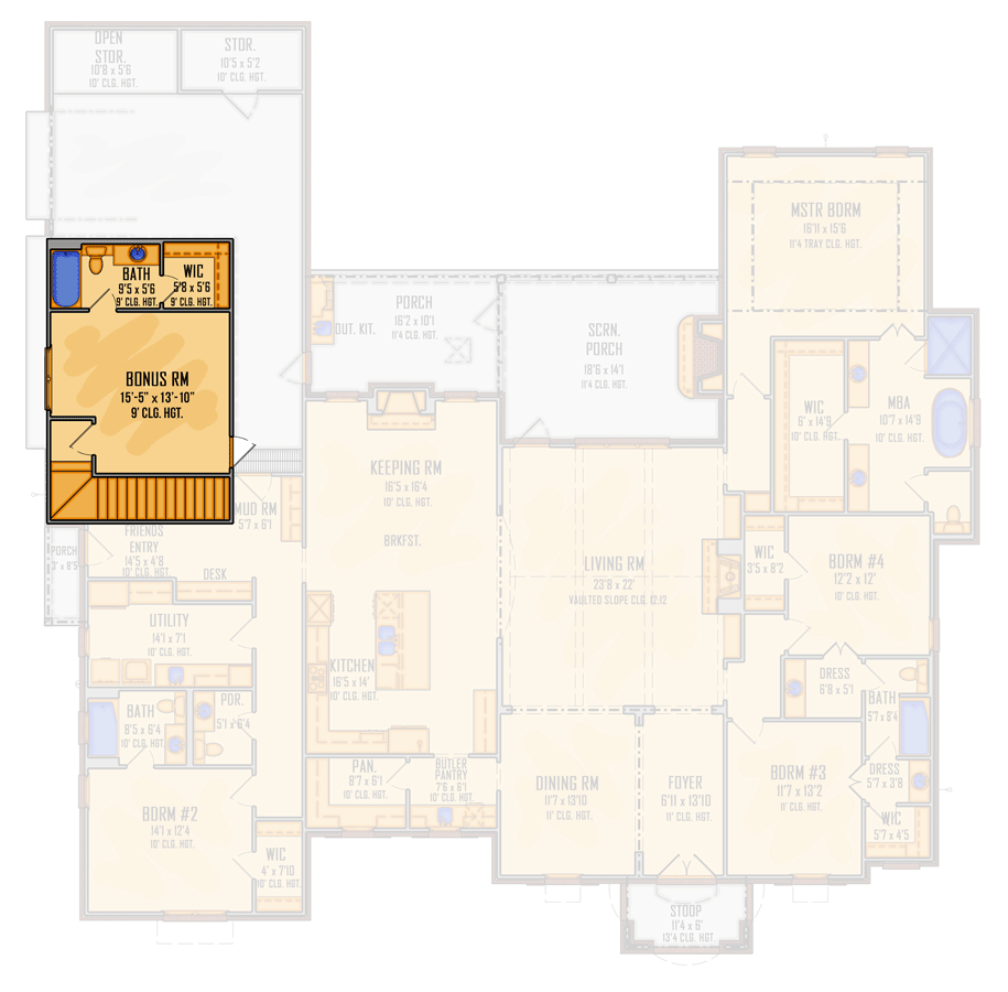 Plan 510219WDY: One Level Acadian Home Plan with 4 or 5 Bedrooms - 3342 Sq Ft - Floor Plan - Optionally Finished Bonus Room - Acadian, European, French Country, Louisiana-Style, Southern, Southern Traditional