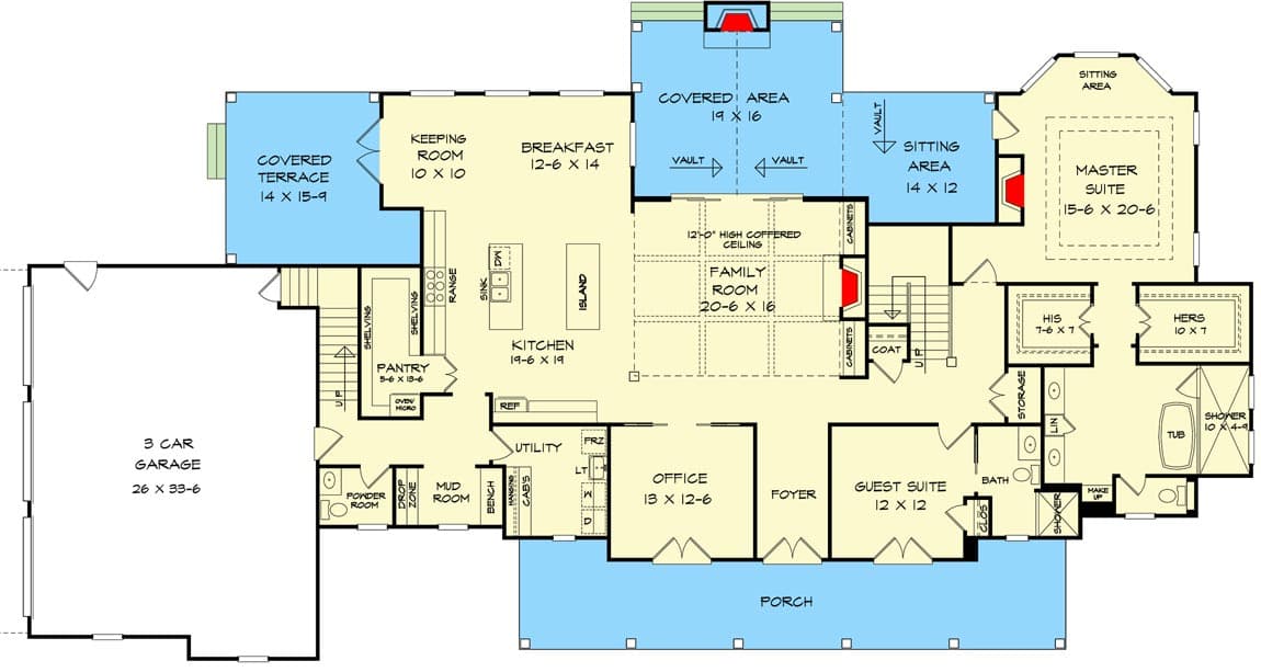 Plan 360100DK: 4-Bed Country Craftsman with Home Office and 3-Car Garage - Floor Plan - Main Level - Country, Craftsman, Traditional
