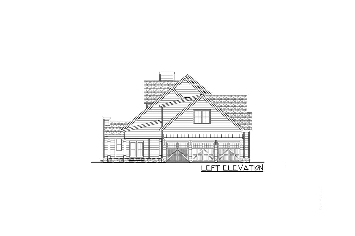 Left elevation house plan with a multi-story structure, prominent gables, covered entry, and a three-car garage.