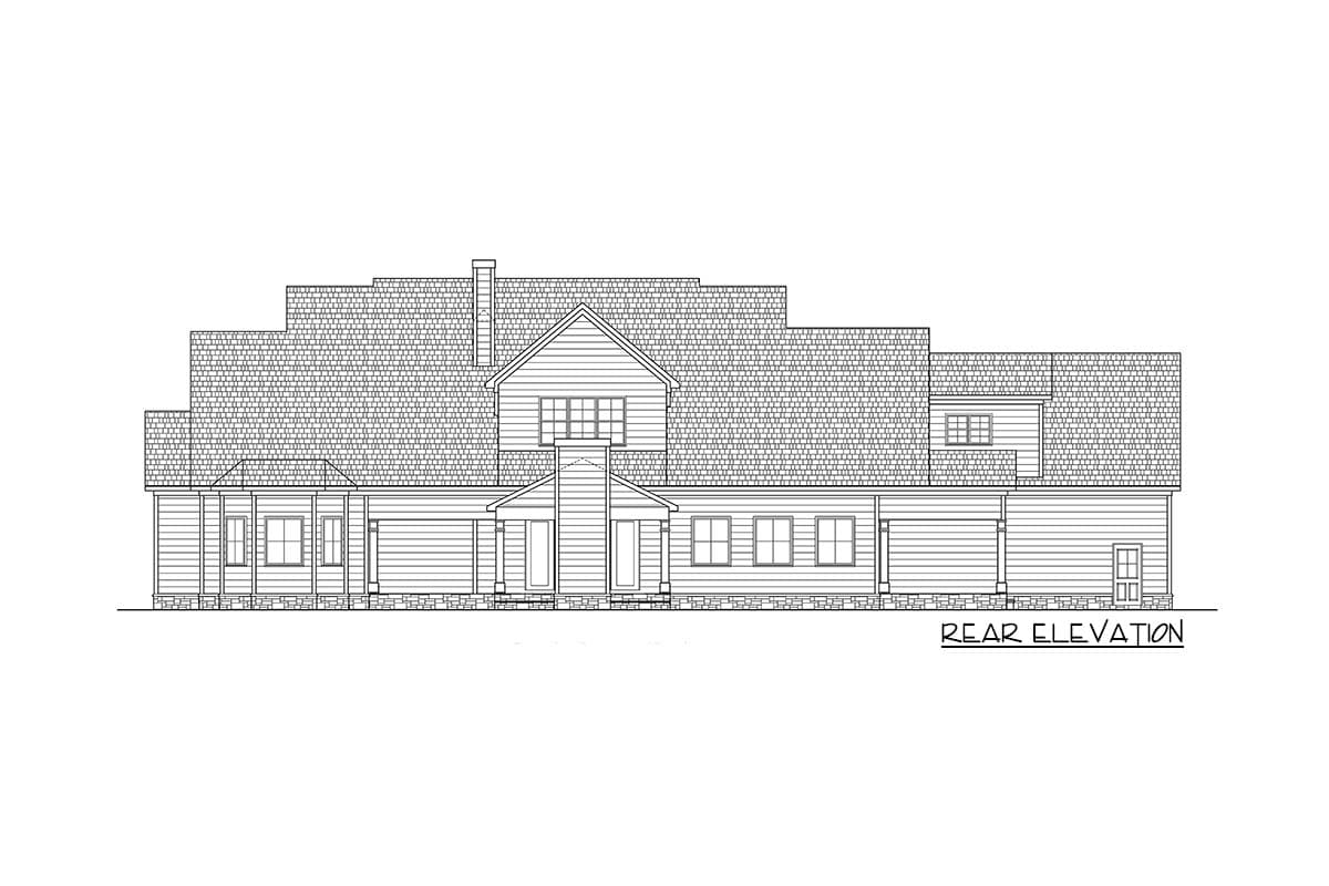 Rear elevation drawing of a multi-story house plan with varied rooflines, gables, dormers, and multiple windows.