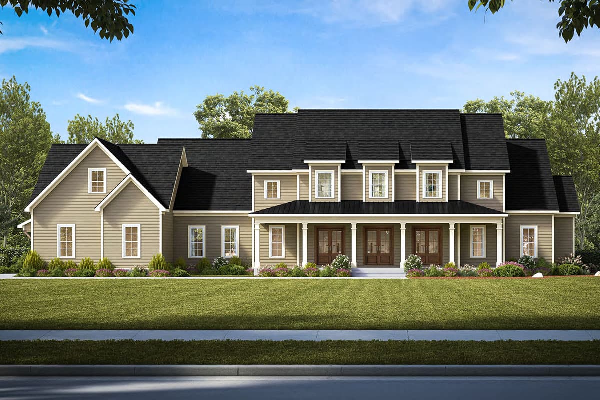 House plan exterior featuring a two-story Colonial style with a covered front porch, dormers, and gabled rooflines.