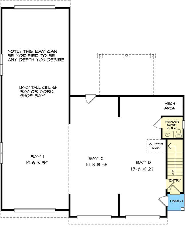 Plan 360101DK: 2-Bed New American Garage Apartment with 18'-Tall RV Bay - Floor Plan - Main Level - Carriage, Craftsman, Mountain, New American, Rustic