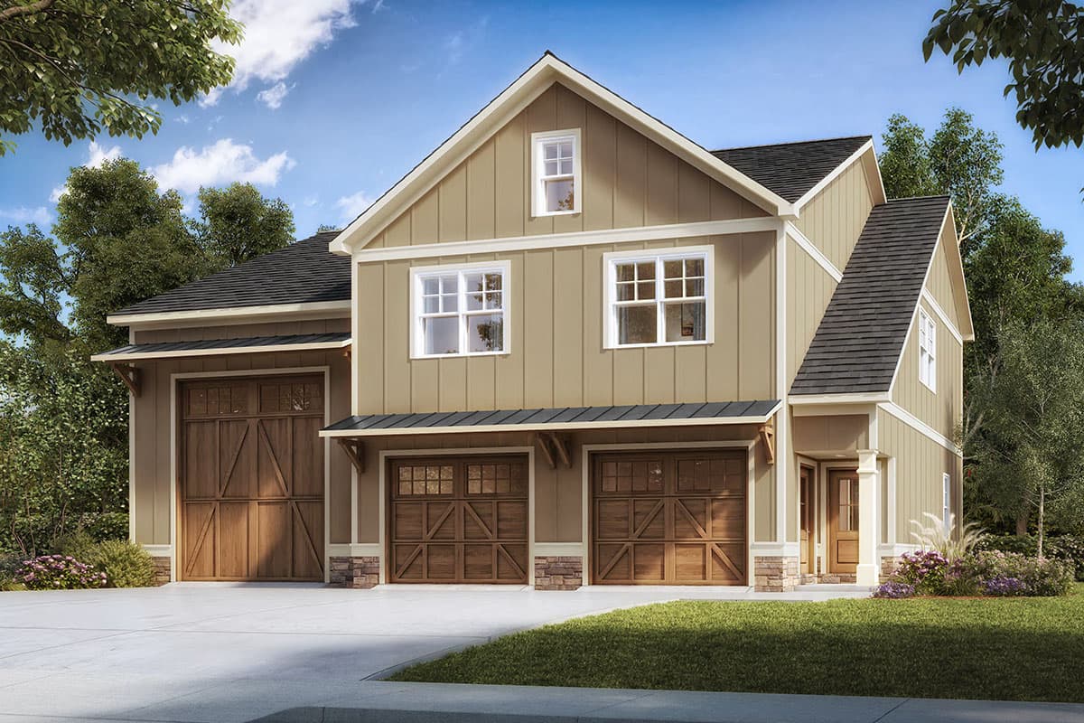 House plan exterior. Two-story Modern Farmhouse with gabled roof, two-car garage, and covered porch area.