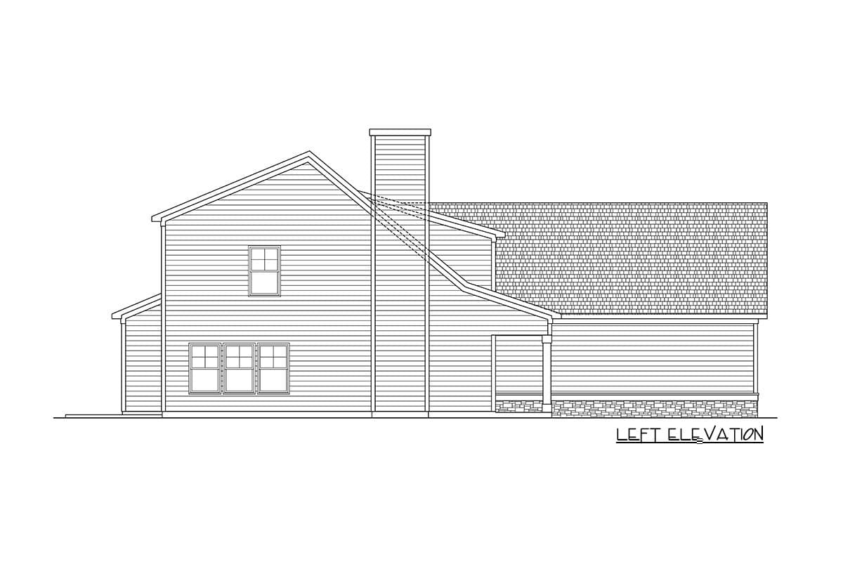 Left elevation drawing of a two-story house plan with siding, gabled roof, chimney, and multiple windows.