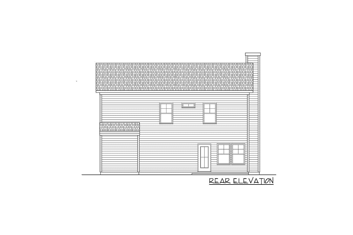 Rear elevation of a two-story house plan featuring a gabled roof, attached garage, and multiple windows.