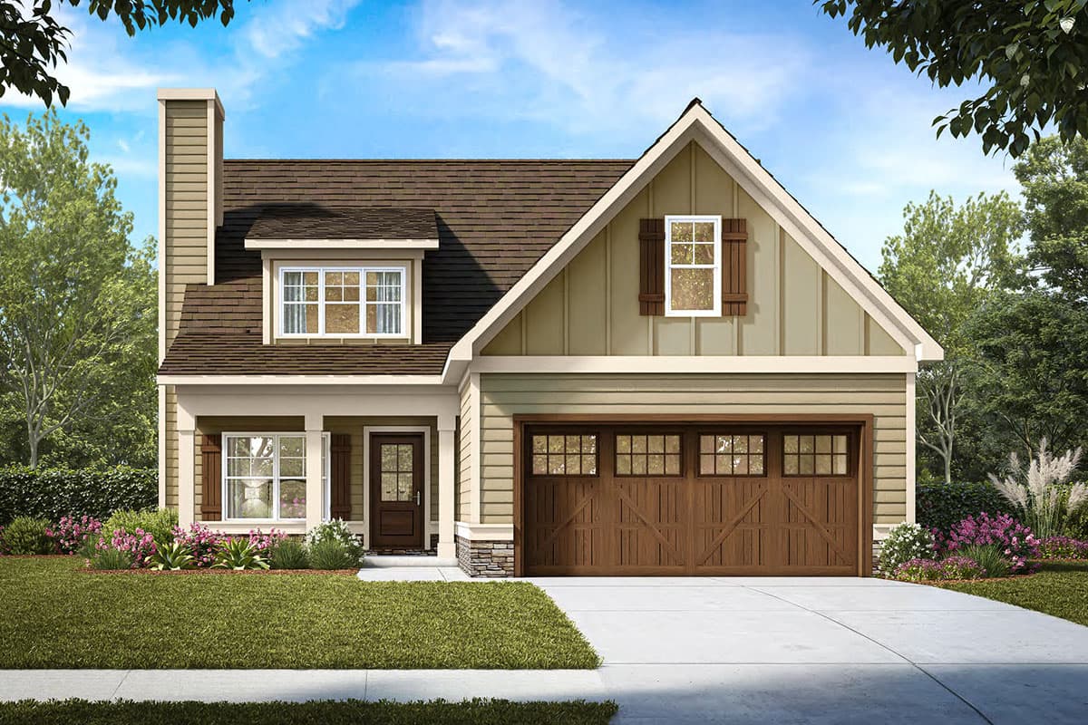 House plan exterior. Two-story Craftsman home with a gabled roof, dormer, and attached two-car garage. Features include a covered porch and shutters.