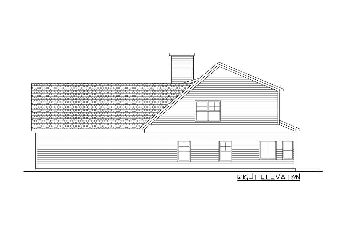 Right elevation drawing of a house plan showing a gambrel roof, prominent chimney, and multiple windows.