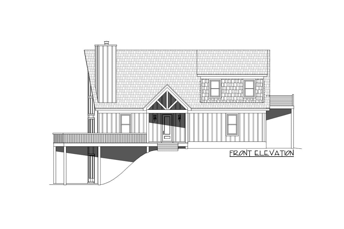 Front elevation drawing of a two-story house with a covered porch, gabled entry, dormers, and a deck.