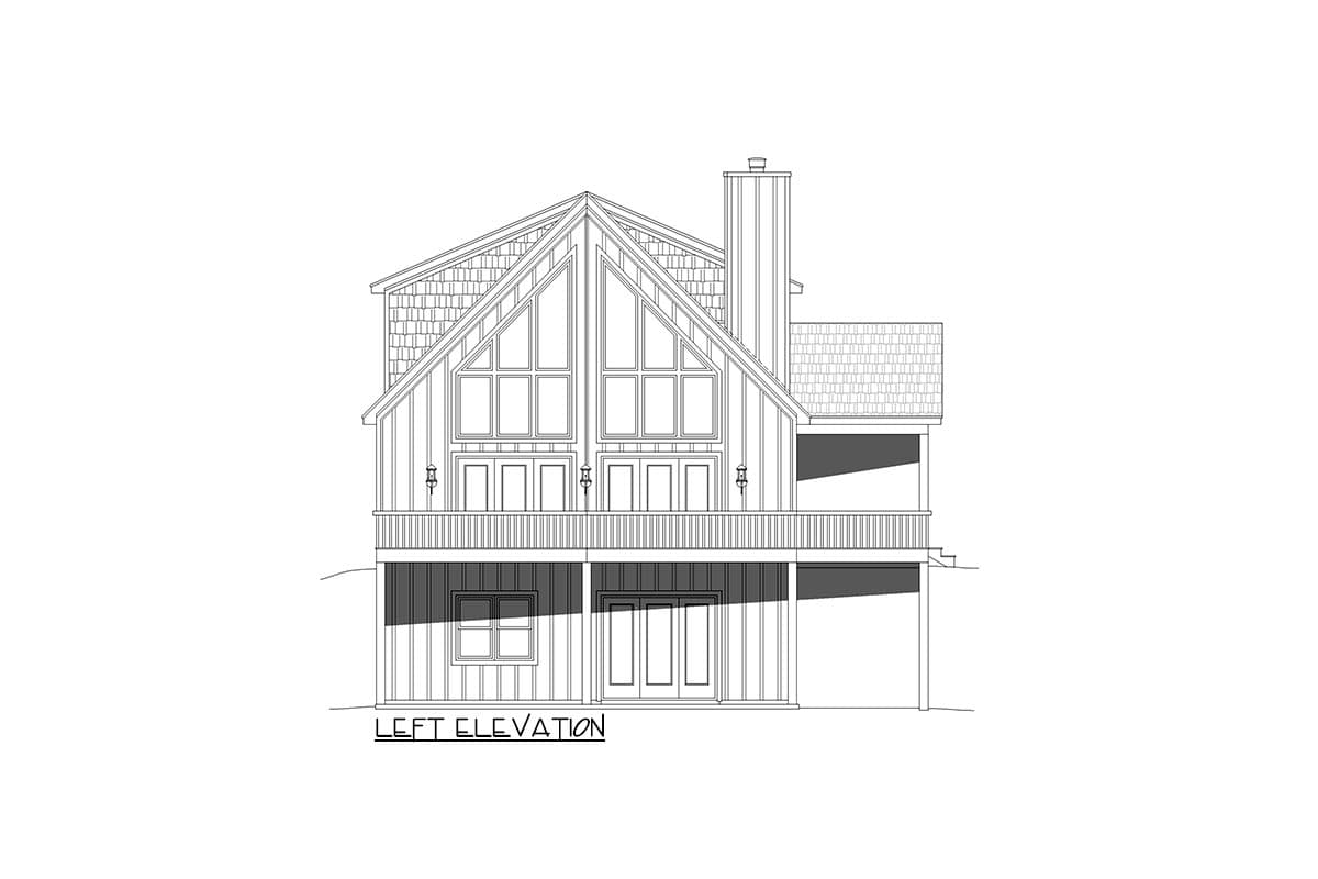 Left elevation house plan: two stories, large gable with multi-pane windows, deck, and lower-level doors.