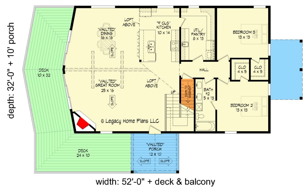 Plan 68955VR: Mountain Home with Wraparound Deck, 2-Story Great Room and Side Walkout - Floor Plan - Main Level - Contemporary, Craftsman, Mountain, Rustic