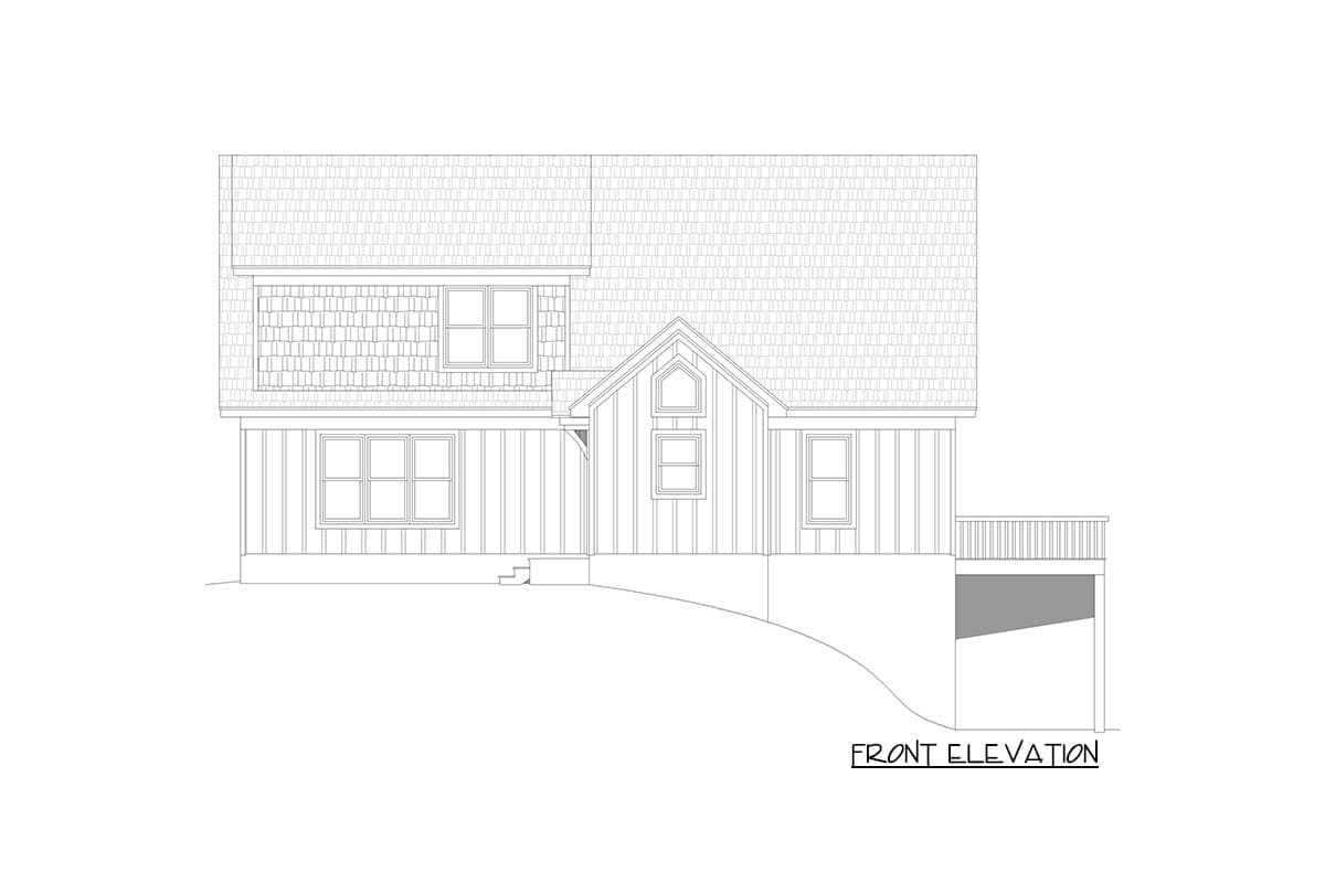 Front elevation house plan: Two stories, gabled dormer, paired windows, and a deck.