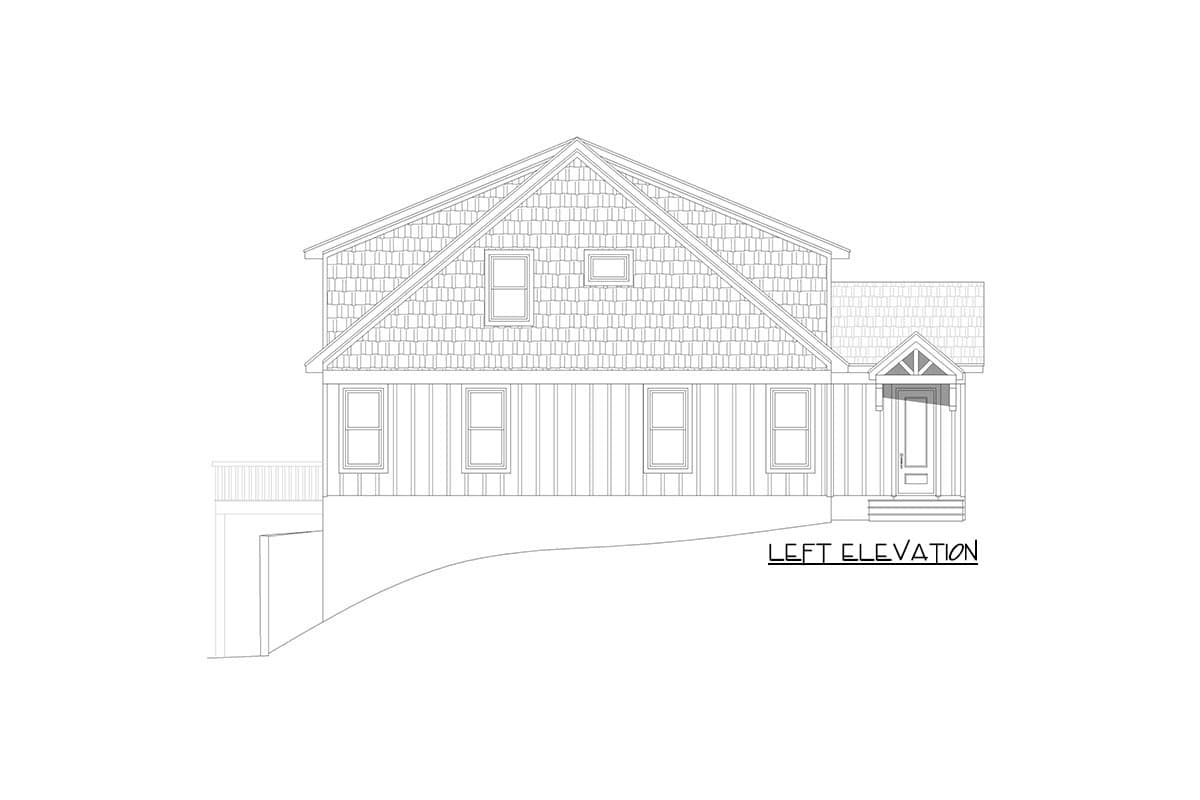 Left elevation drawing of a house plan with shingle siding, dormers, and a prominent gabled entry porch.