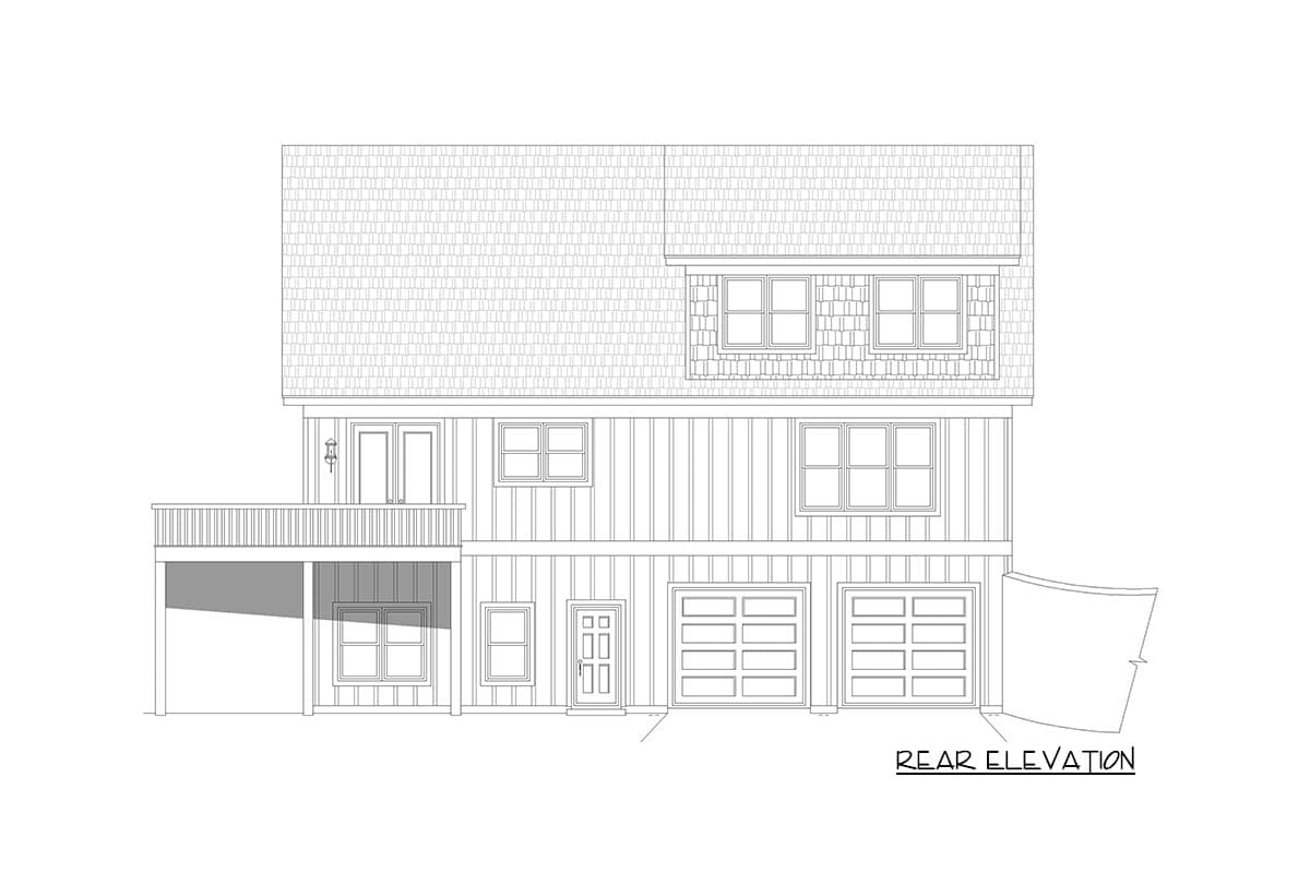 Rear elevation house plan. Two-story structure with two garages, a deck, and dormer windows on upper level.