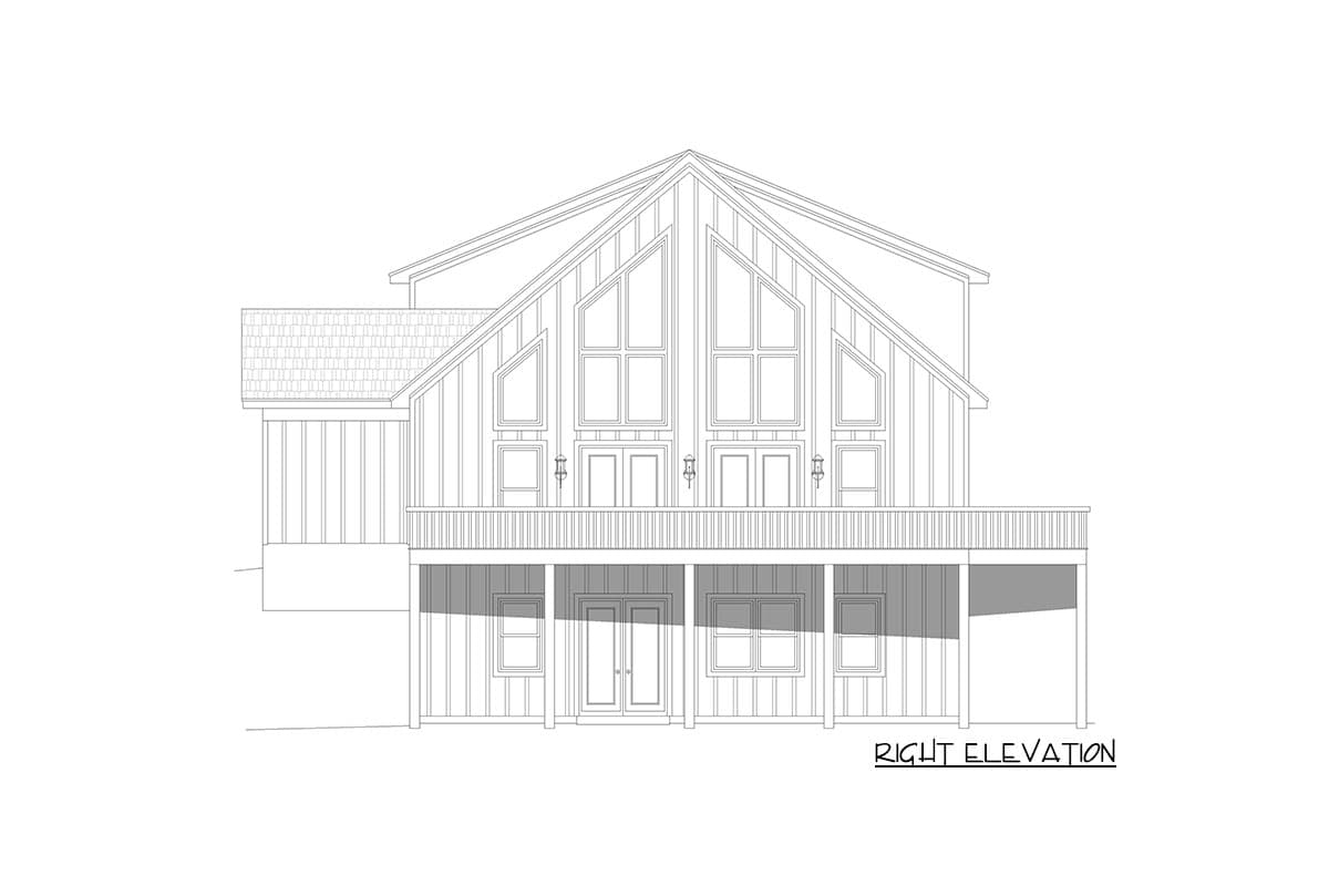 Right elevation house plan featuring a steeply pitched gable roof, multiple upper-level windows, and a wraparound deck.