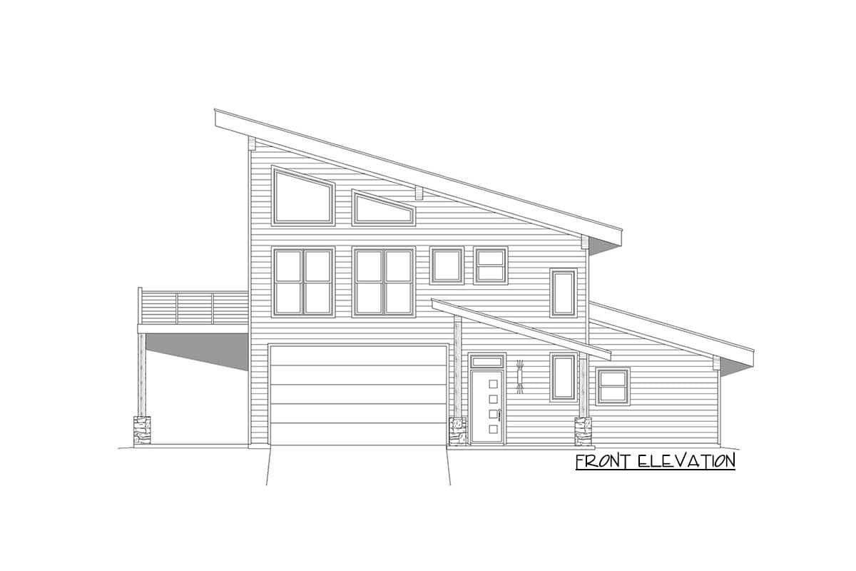 Front elevation drawing of a two-story house plan with a sloped roof, multiple windows, attached garage, and covered porch.