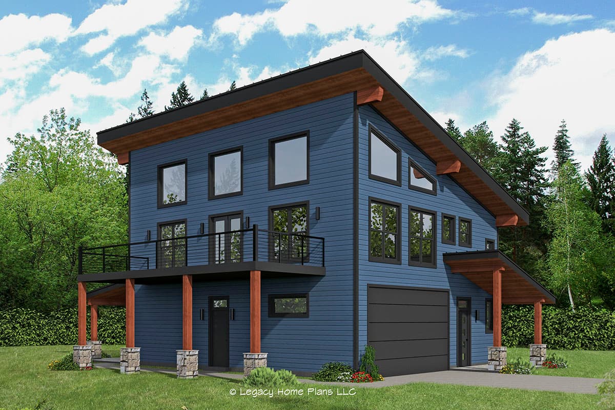 House plan exterior. Two-story modern design with a shed roof, a balcony with metal railing, and a covered entry. Garage on ground level.