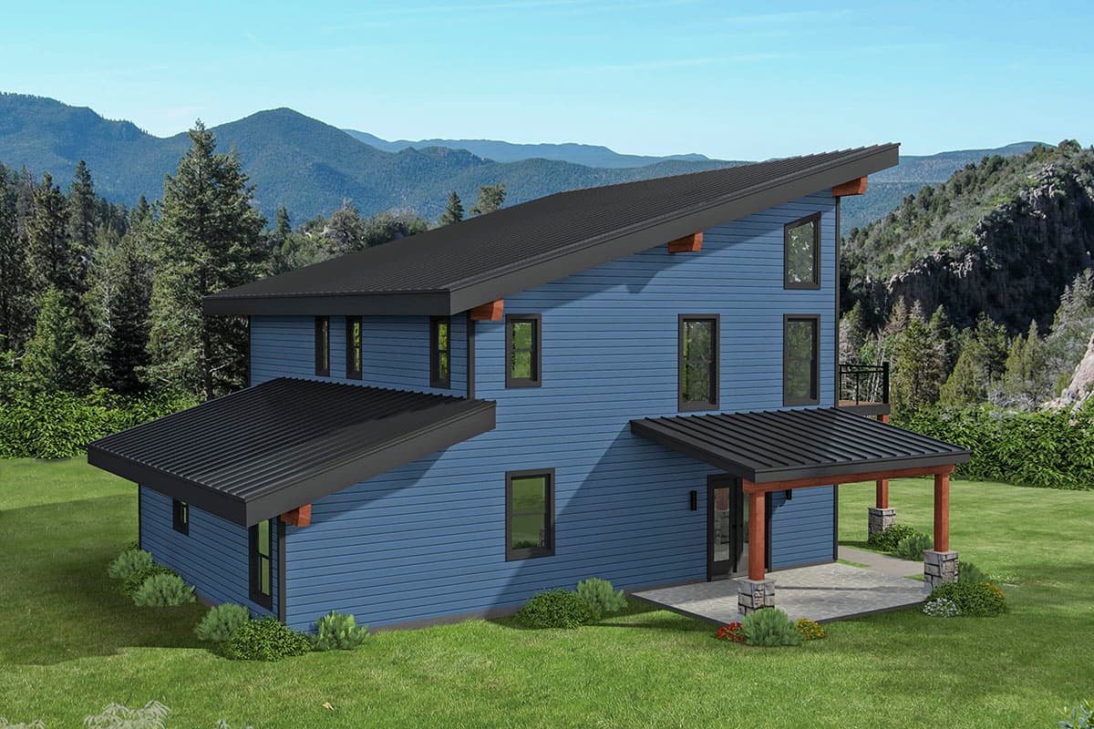 Modern house plan exterior, two stories, with a steeply sloped metal roof, a covered porch, and blue horizontal siding.