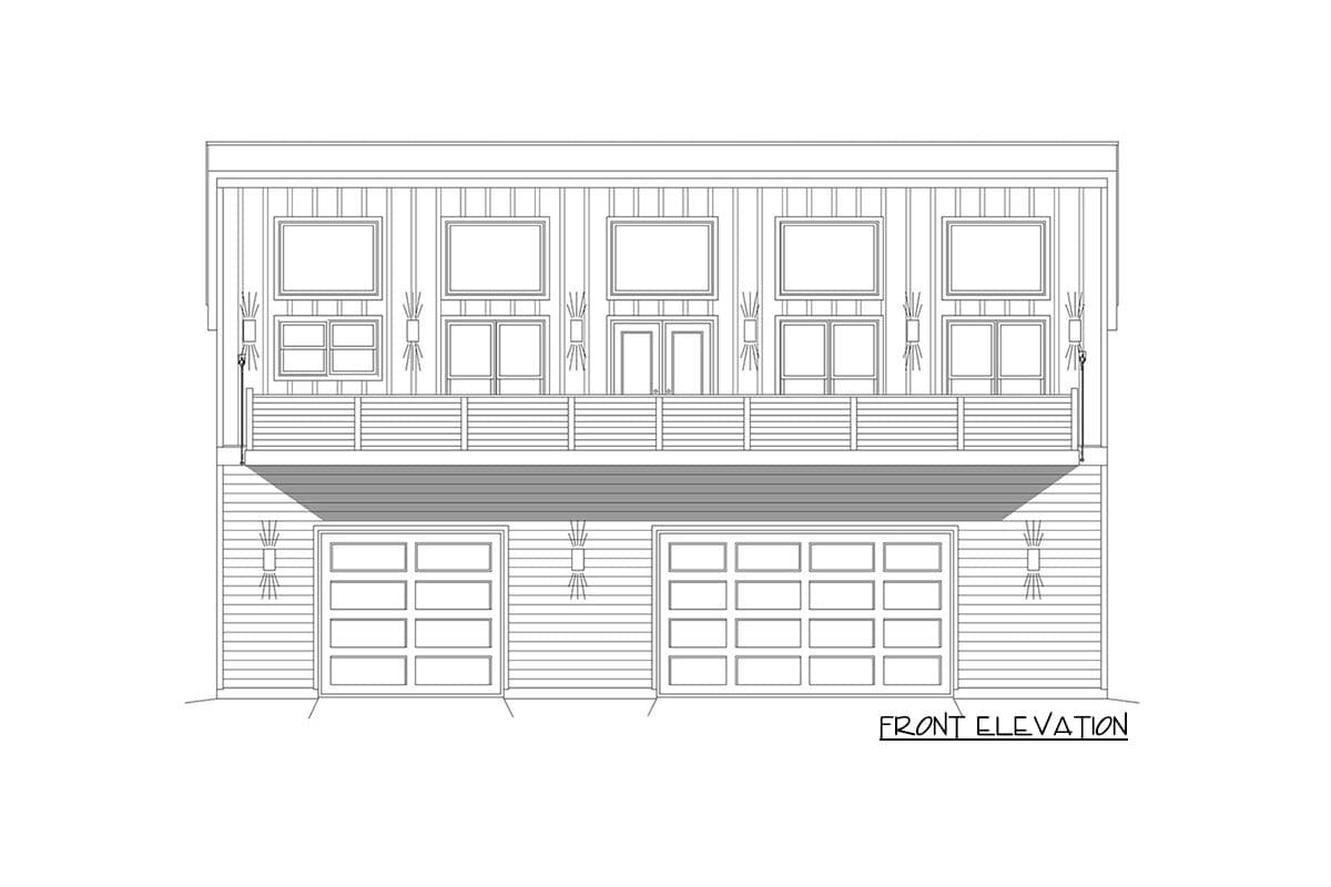 Front elevation drawing of a house plan featuring two garage doors, a second-story balcony with horizontal railing, and multiple windows.
