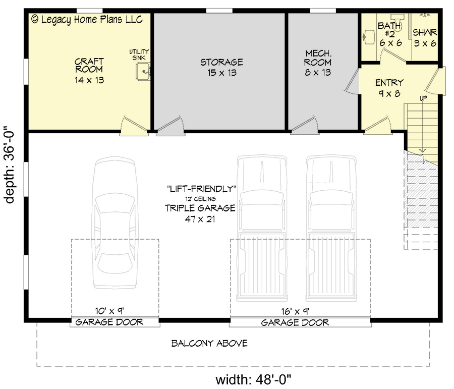 Plan 68958VR: 3-Car Modern Garage Apartment with Craft Room and Balcony - Floor Plan - Main Level - Coastal, Contemporary, Modern, Mountain