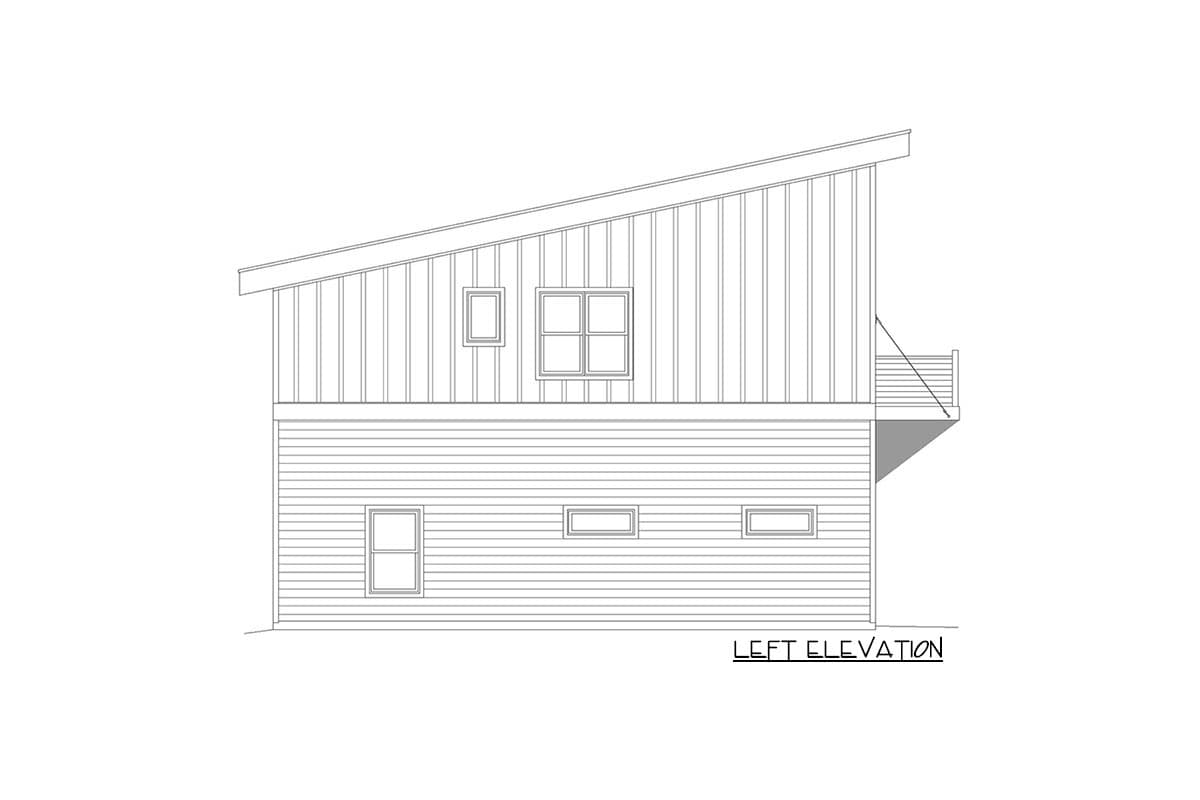 Left elevation drawing of a two-story house plan with a sloped roof, horizontal siding on the first floor, and vertical siding on the second floor.