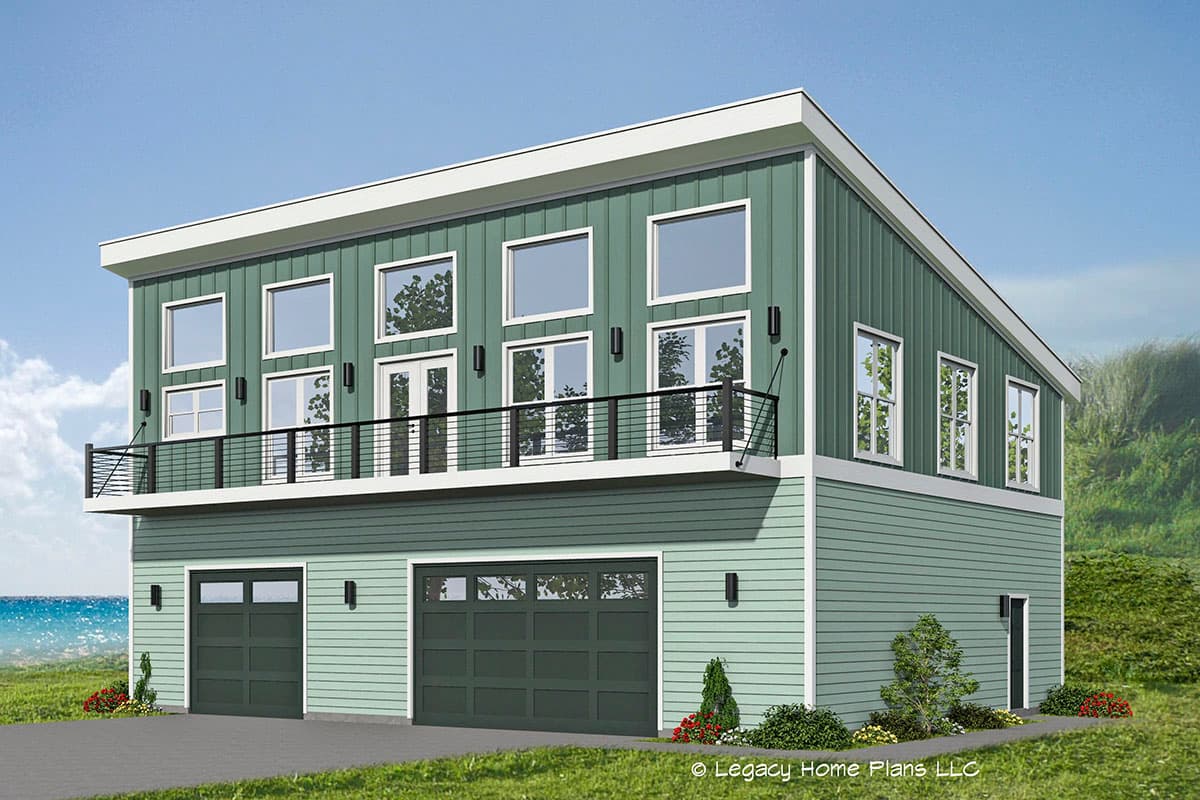 House plan exterior with two stories. Features include a flat roof, balcony with metal railing, and a two-car garage.