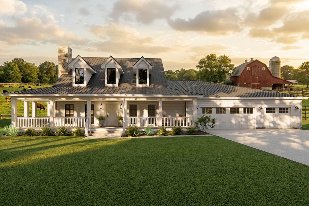 A white farmhouse with a wraparound porch and gabled dormers. A red barn and silo sit in the background on a sunny day with cows grazing nearby.
