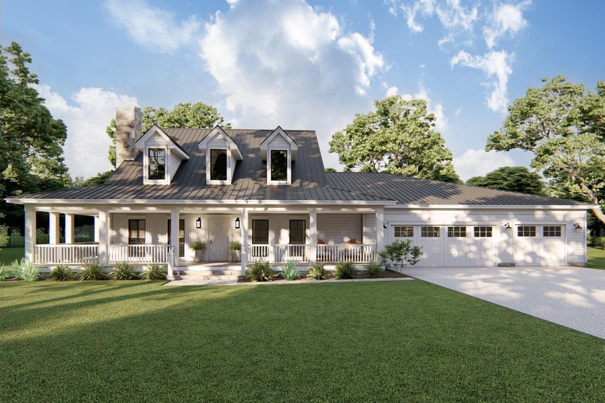 Modern Farmhouse house plan exterior with full-length porch, three dormers, and a three-car garage.