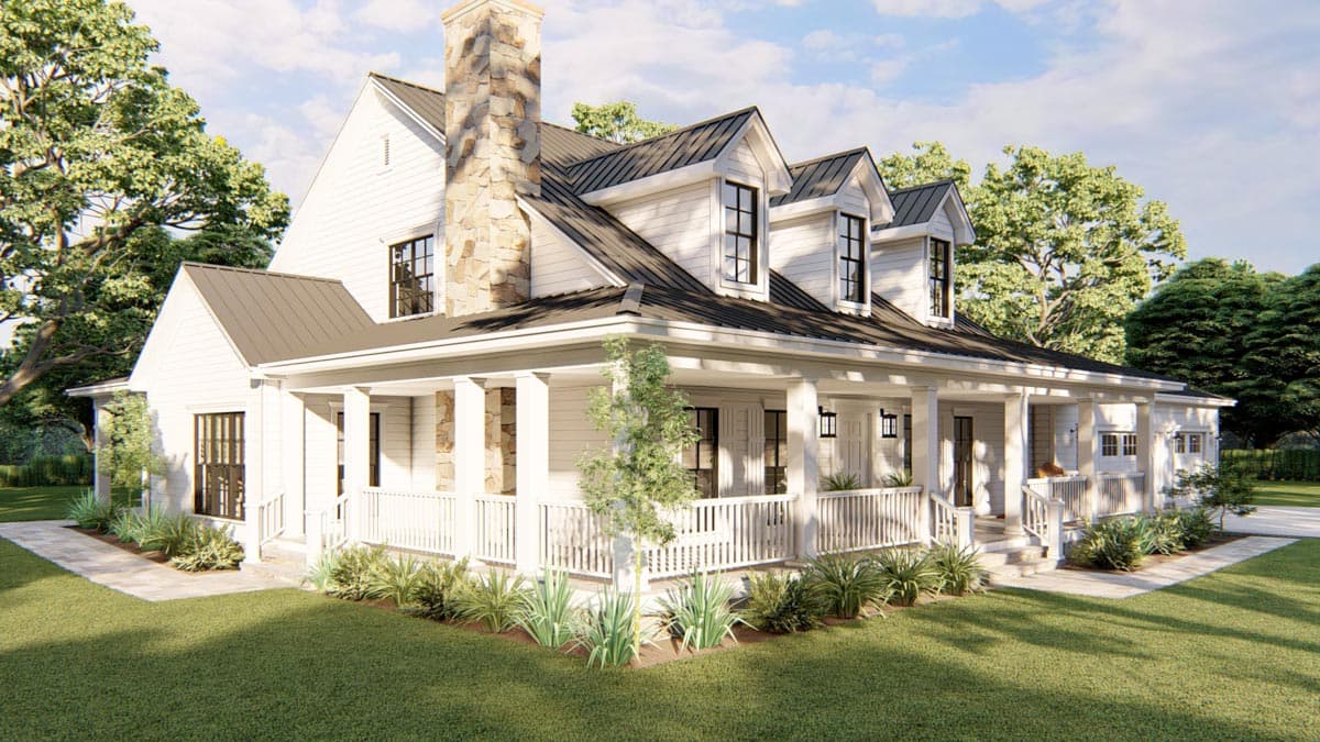 House plan exterior rendering of a two-story Modern Farmhouse with a wraparound porch, stone chimney, and dormer windows.