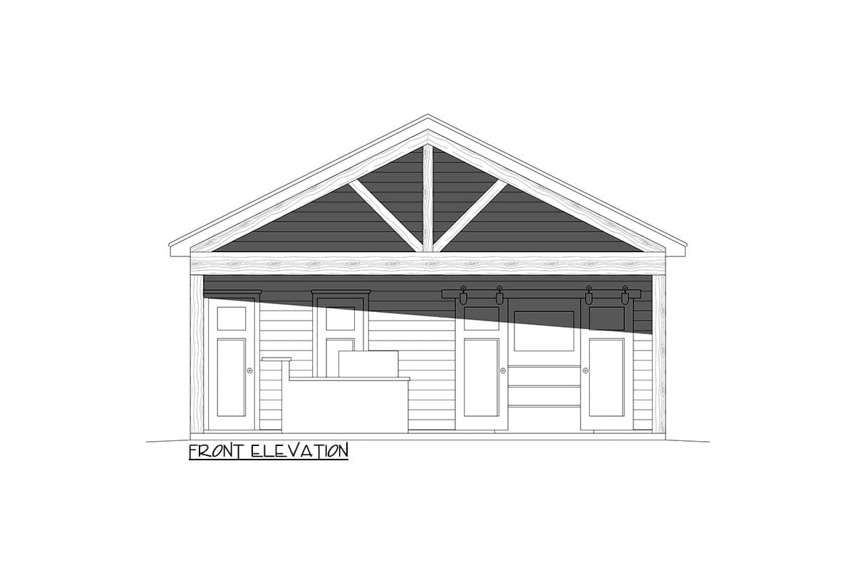 Front elevation of a house plan featuring a prominent gable with exposed rafters, horizontal siding, and multiple doors.