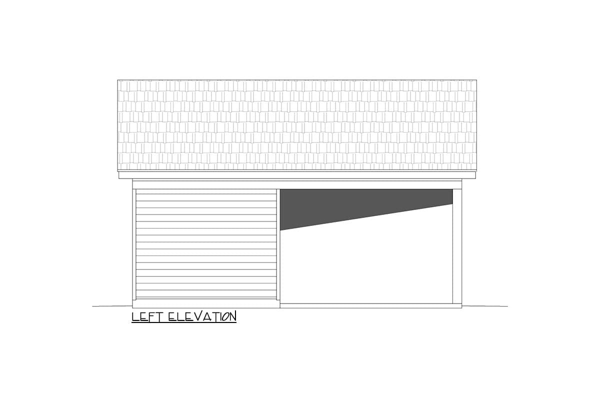 Left elevation drawing of a house plan with horizontal siding and a shingled roof.
