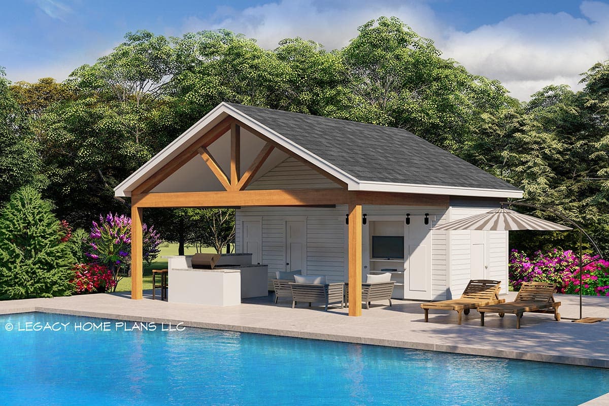 House plan exterior. Features include a gable roof, timber-framed porch, and an outdoor kitchen adjacent to a swimming pool.