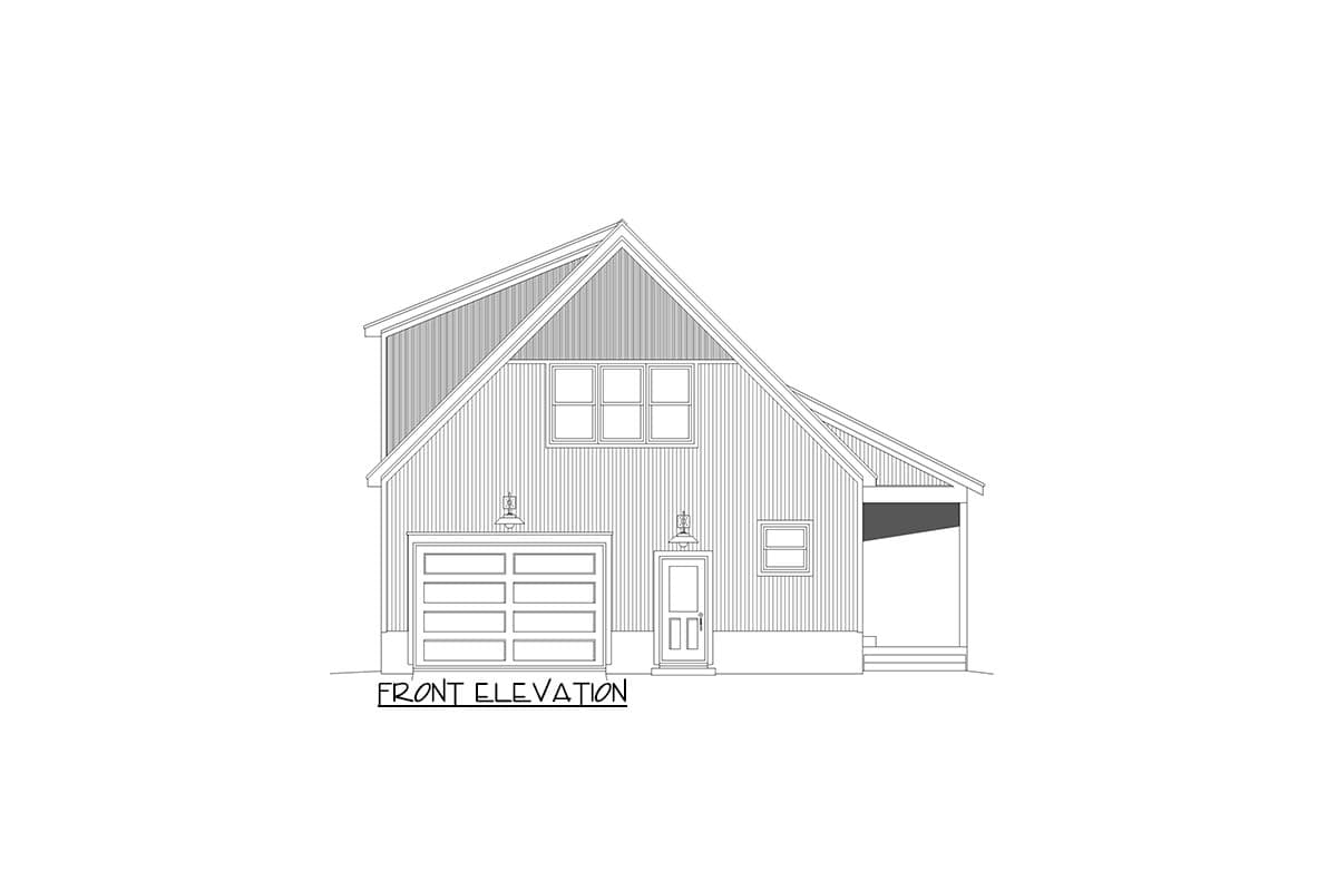 Front elevation drawing of a house with a gable roof, garage, front door, and covered porch.