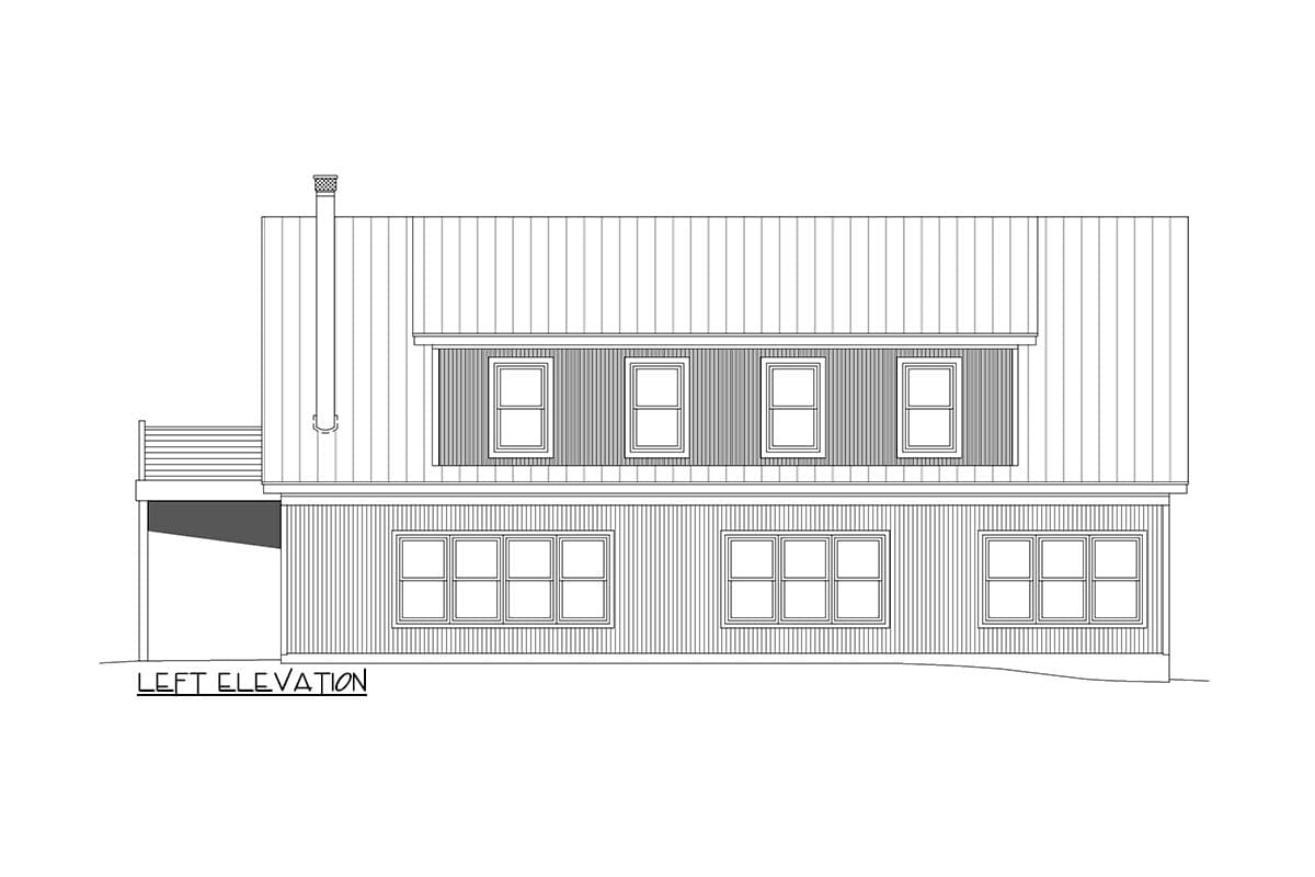 Left elevation house plan showing a two-story structure with a pitched metal roof, dormers, and multiple multi-pane windows.