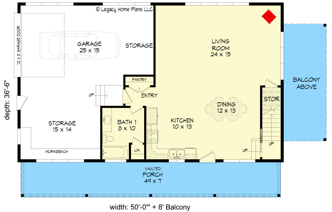 Plan 68960VR: 2-Bed Rustic Country Home Plan with Second Floor Balcony - 2019 Sq Ft - Floor Plan - Main Level - Cabin, Country, Mountain, Rustic
