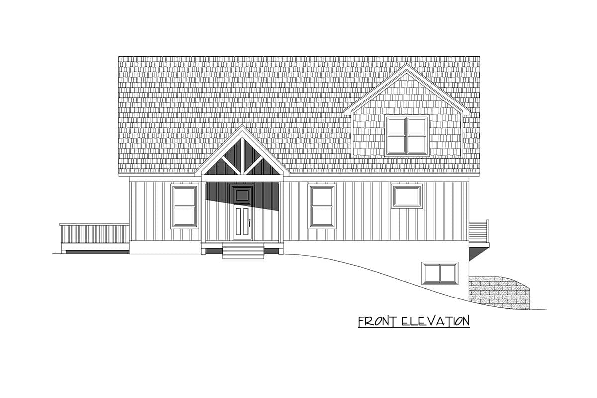 Front elevation house plan with a gable roof, shingle siding, a covered porch with exposed beams, and a dormer window.