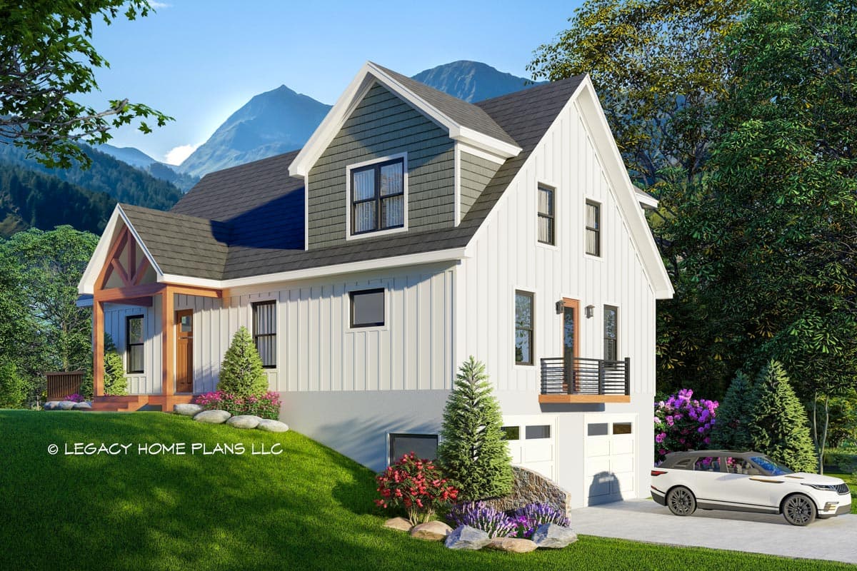 Modern Farmhouse house plan exterior, two stories, prominent gables, board and batten siding, and a covered entry porch.
