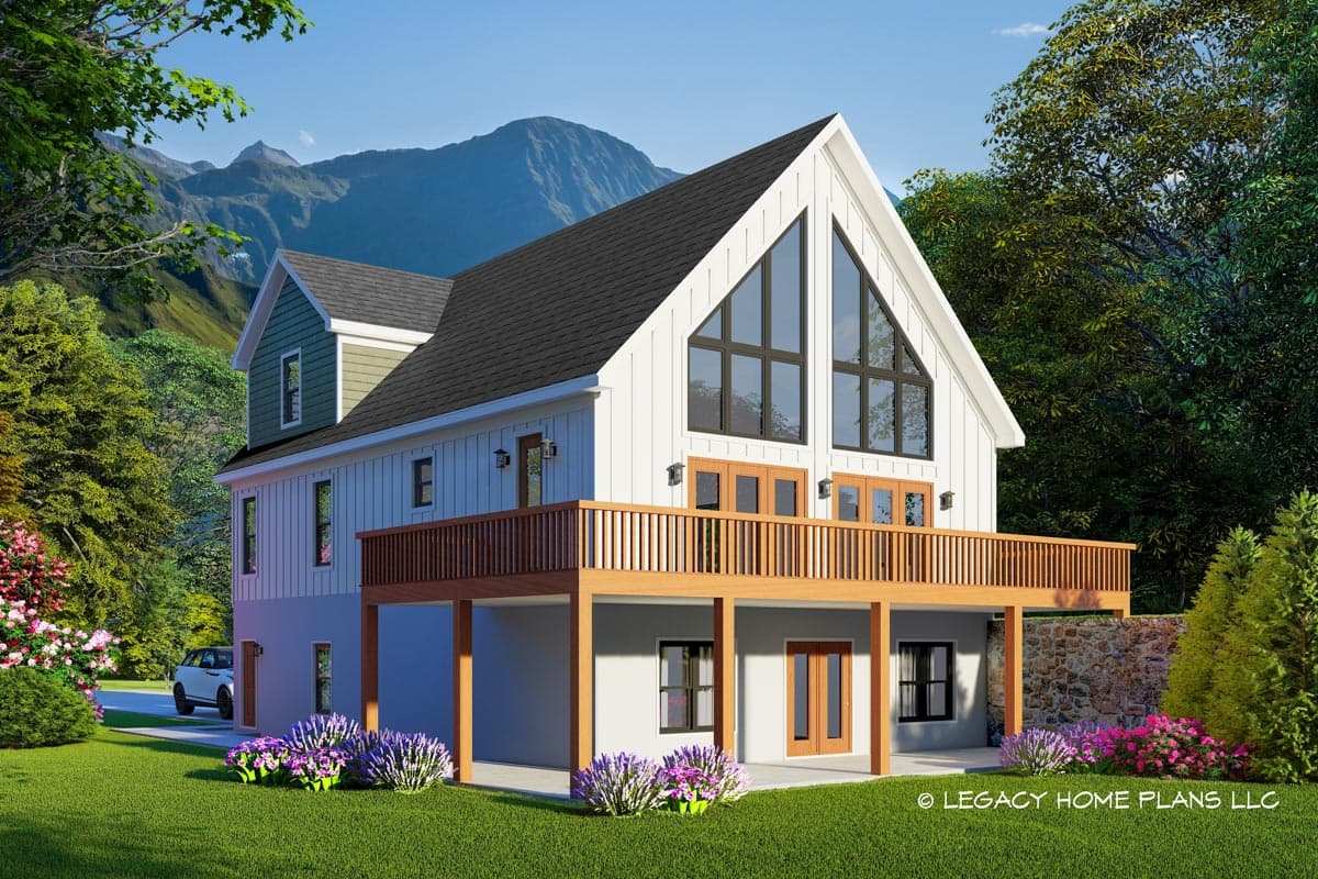 House plan exterior. Two-story home with a gable roof, large triangular windows, and a raised deck with wood railing.