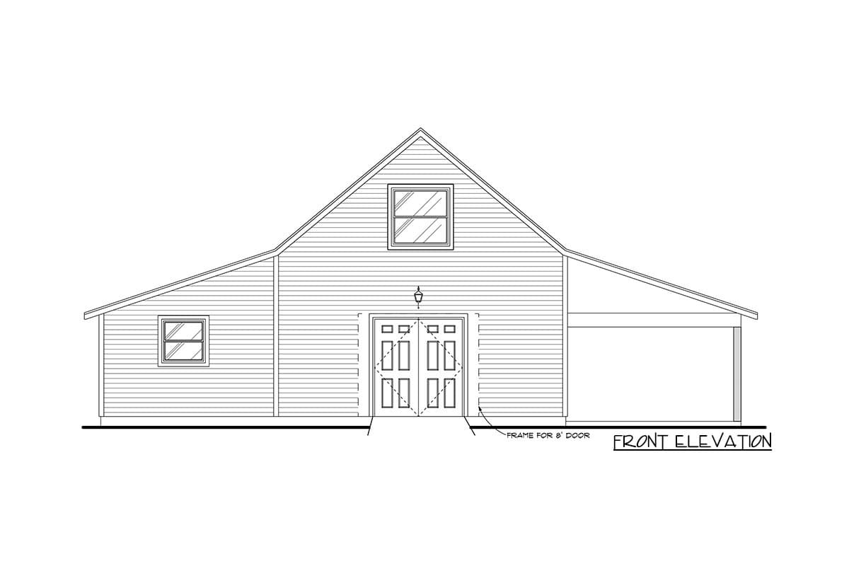 Front elevation drawing of a house plan featuring double doors, a dormer window, and an attached covered area.