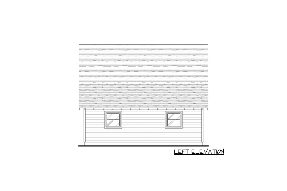 Left elevation of a house plan showing horizontal siding, a pitched roof, and two windows.