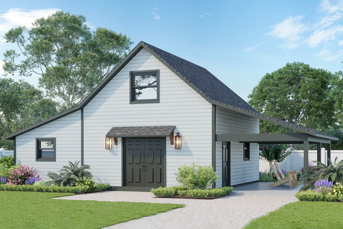 House plan exterior. Two-story structure with gable roof. Features include a covered entry, dark trim, and a detached carport.