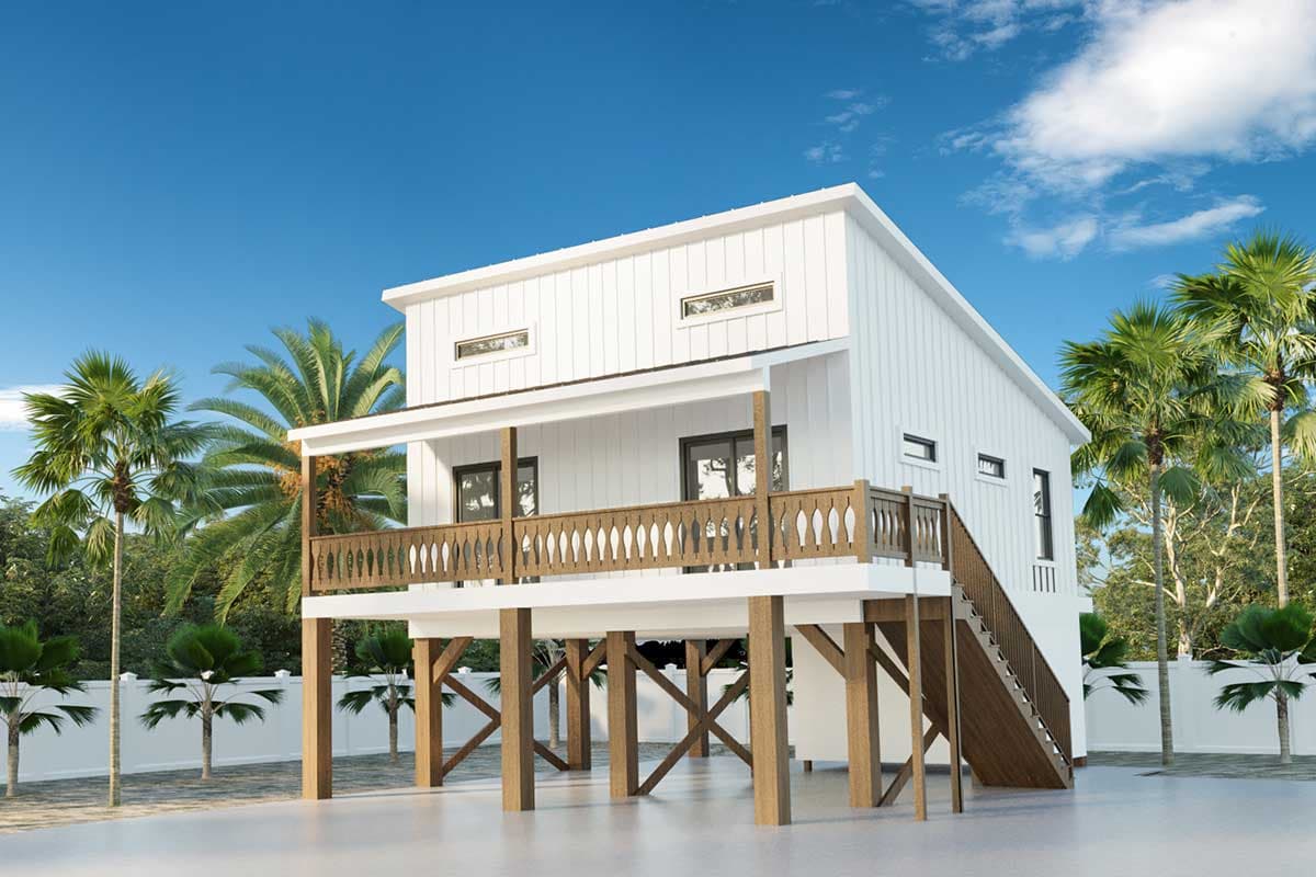 House plan exterior of a two-story stilted home with a wrap-around porch and wooden railings.