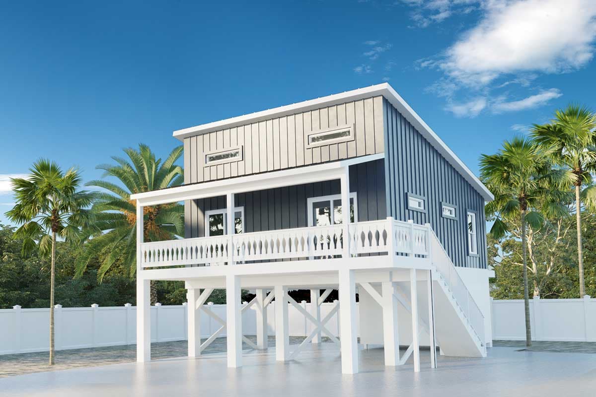 House plan exterior: Coastal home on stilts with a covered porch, white railings, and vertical siding.