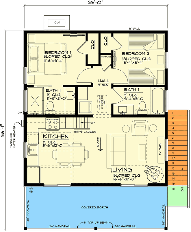 Plan 461020DNN: Beach House Plan with Loft Bunk Room Overlook - 842 Sq Ft - Floor Plan - Main Level - Beach, Coastal, Low Country, Vacation