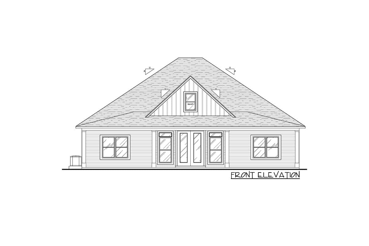 Front elevation drawing of a single-story house with a gable, double doors, and three windows.
