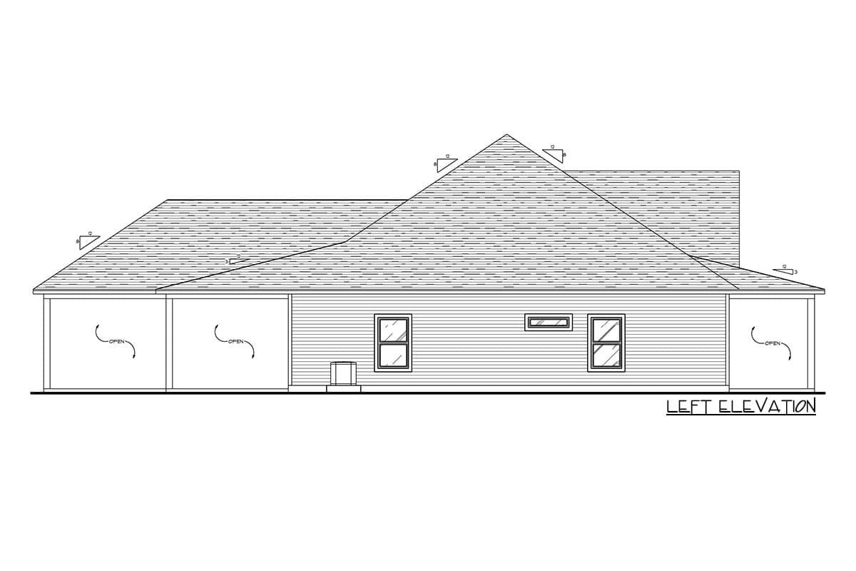 Left elevation house plan with a covered porch, sloped rooflines, and three windows.