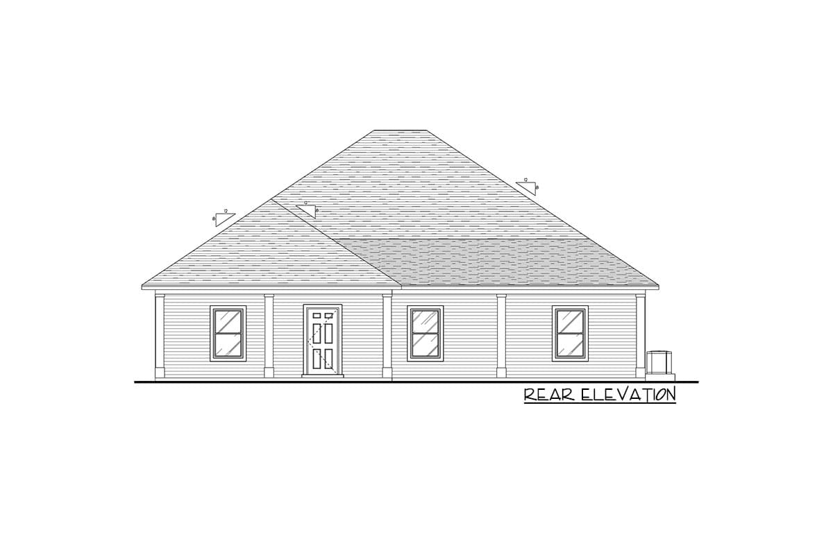 Rear elevation drawing of a single-story house plan with a hipped roof, central double door, and four windows.