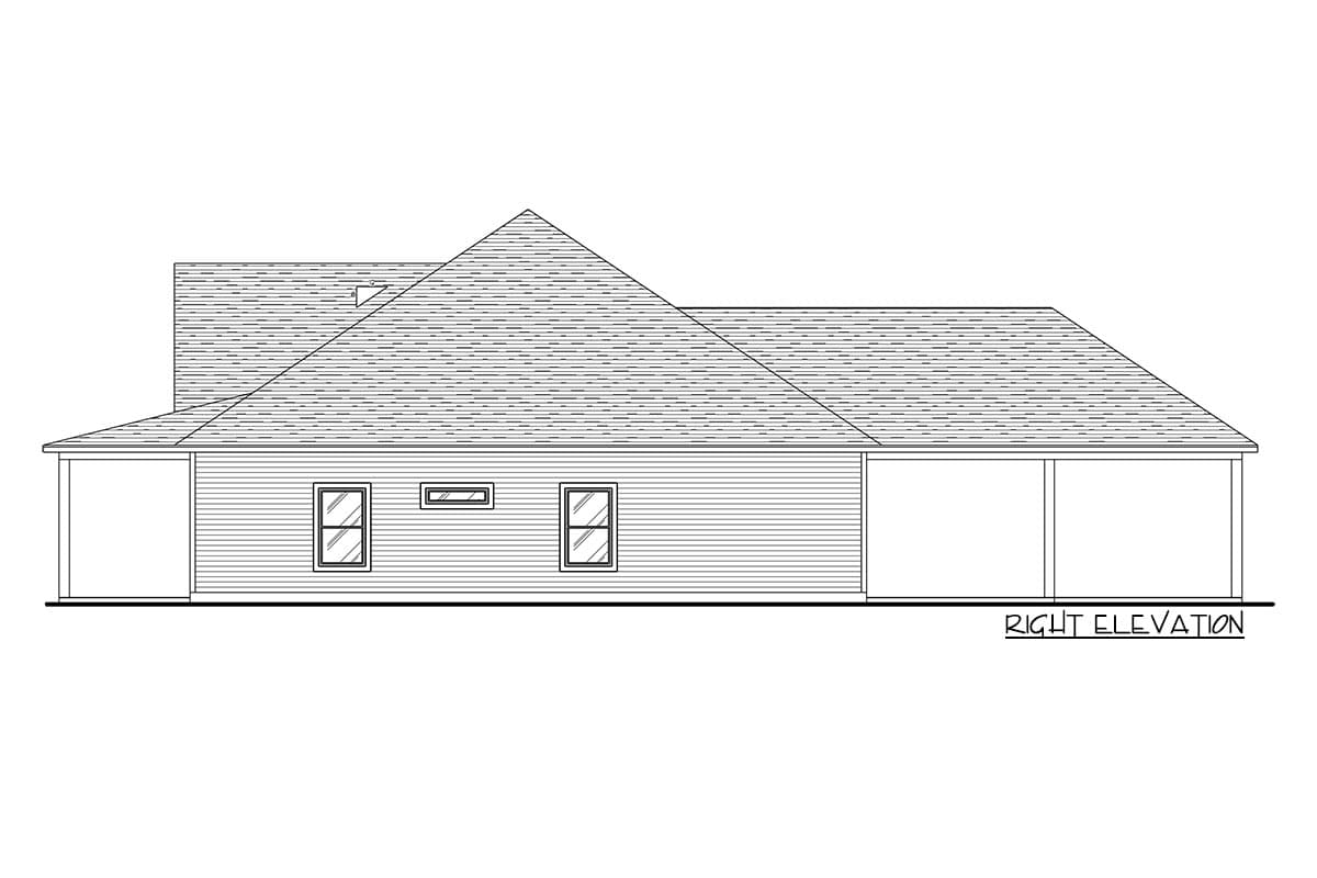 Right elevation drawing of a single-story house with a hip roof, two windows, and covered porches on either side.