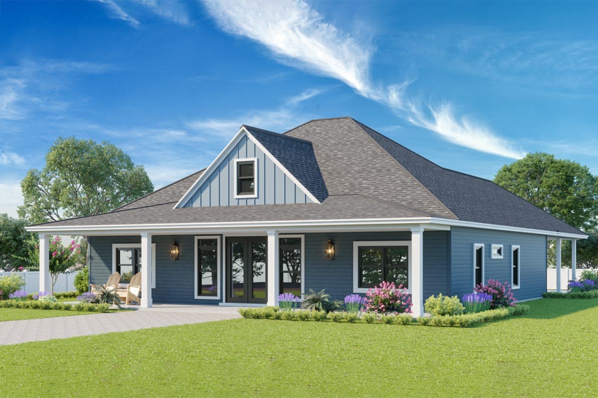 House plan exterior. One-story Ranch style home with a front porch, gabled roof, and multiple windows. Features a dormer above the front door.