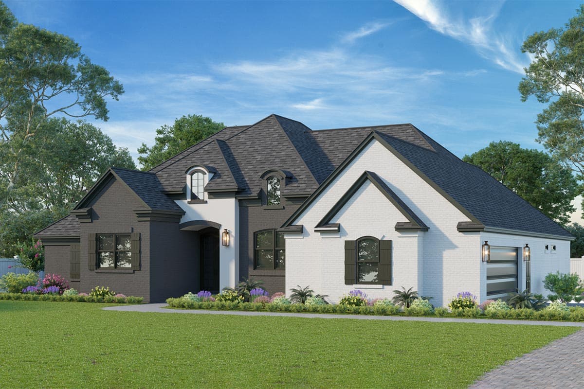 House plan exterior. Two-story, brick facade, arched entry, dormers, and multi-gabled roofline. Garage on the right.
